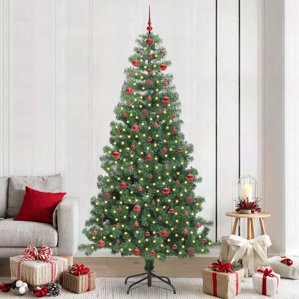 Sapin de noël artificiel lumineux 240 cm, kit complet prêt à décorer avec 300 led blanc chaud et 120 boules