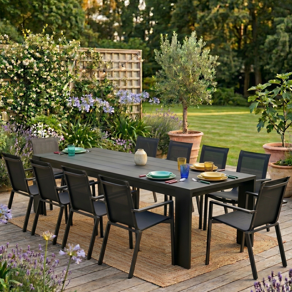 Ensemble ibiza 8/10p en aluminium gris/noir et 10 fauteuils en textilène