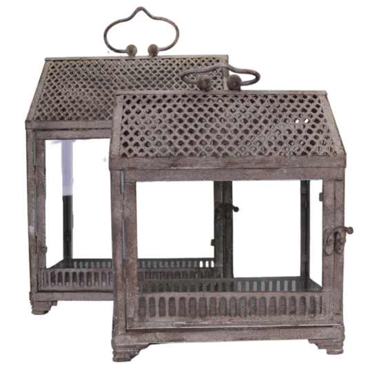 Lanternes mini serres jardin à poser ancienne métal verre gris 28-37cm