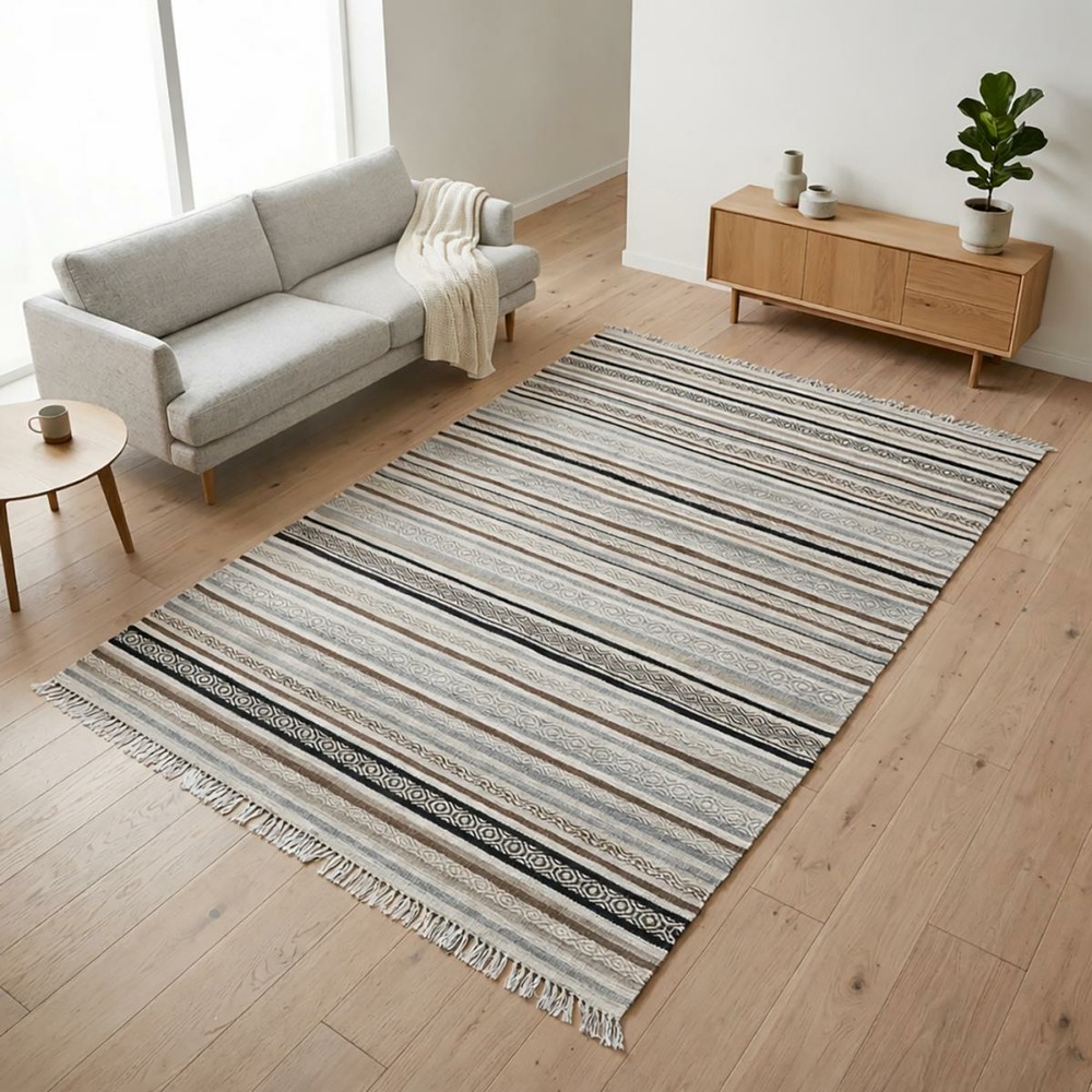 Tapis kilim 240x340 rectangle fait à la main en laine beige et marron