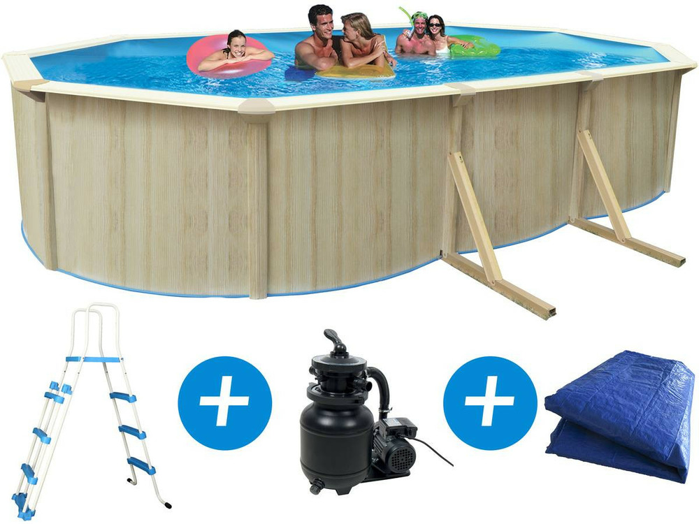 Piscine acier ovale aspect bois 