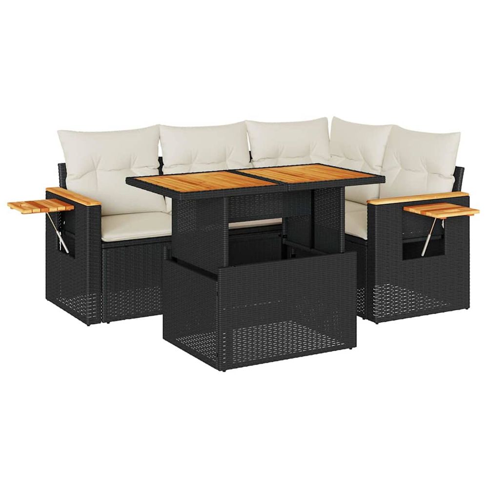 Salon de jardin 5 pcs avec coussins noir résine tressée acacia