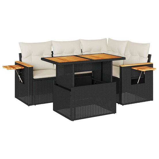 Salon de jardin 5 pcs avec coussins noir résine tressée acacia