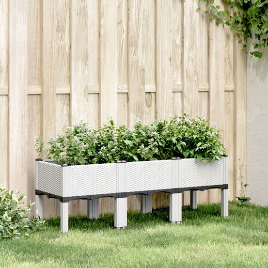 Bac à fleurs surélevé sur pieds polypropylène aspect rotin anti-mal de dos culture potagère blanc 120 cm