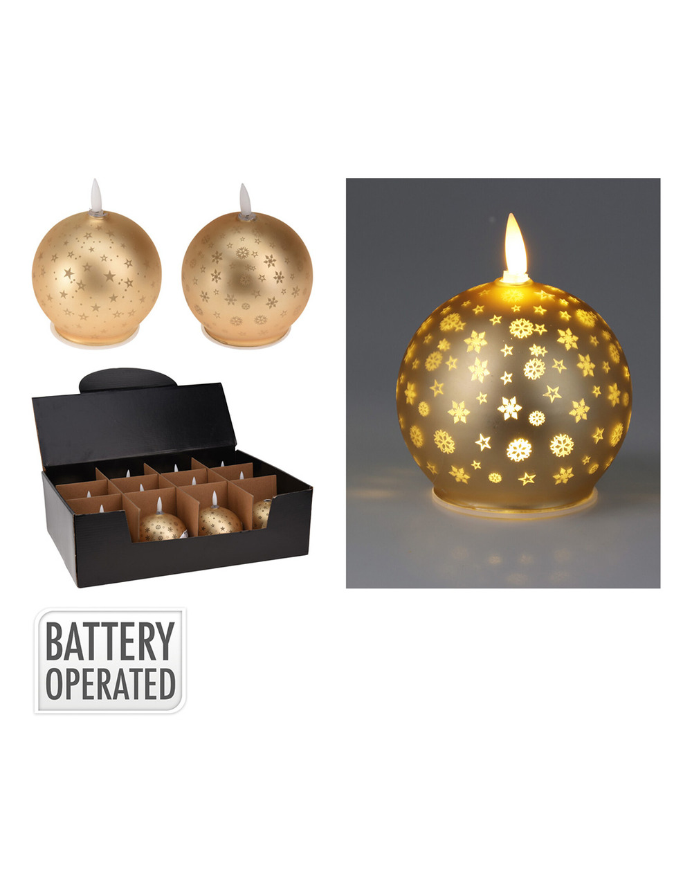 Bougie led boule de noël, blanc chaud, or. Basics