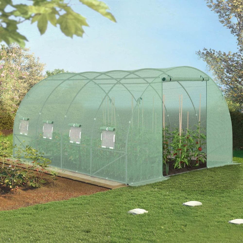 Serre de jardin tunnel 12m² 4 x 3 x 2 m acier galvanisé + bâche anti-uv avec porte et fenêtres zebra verte