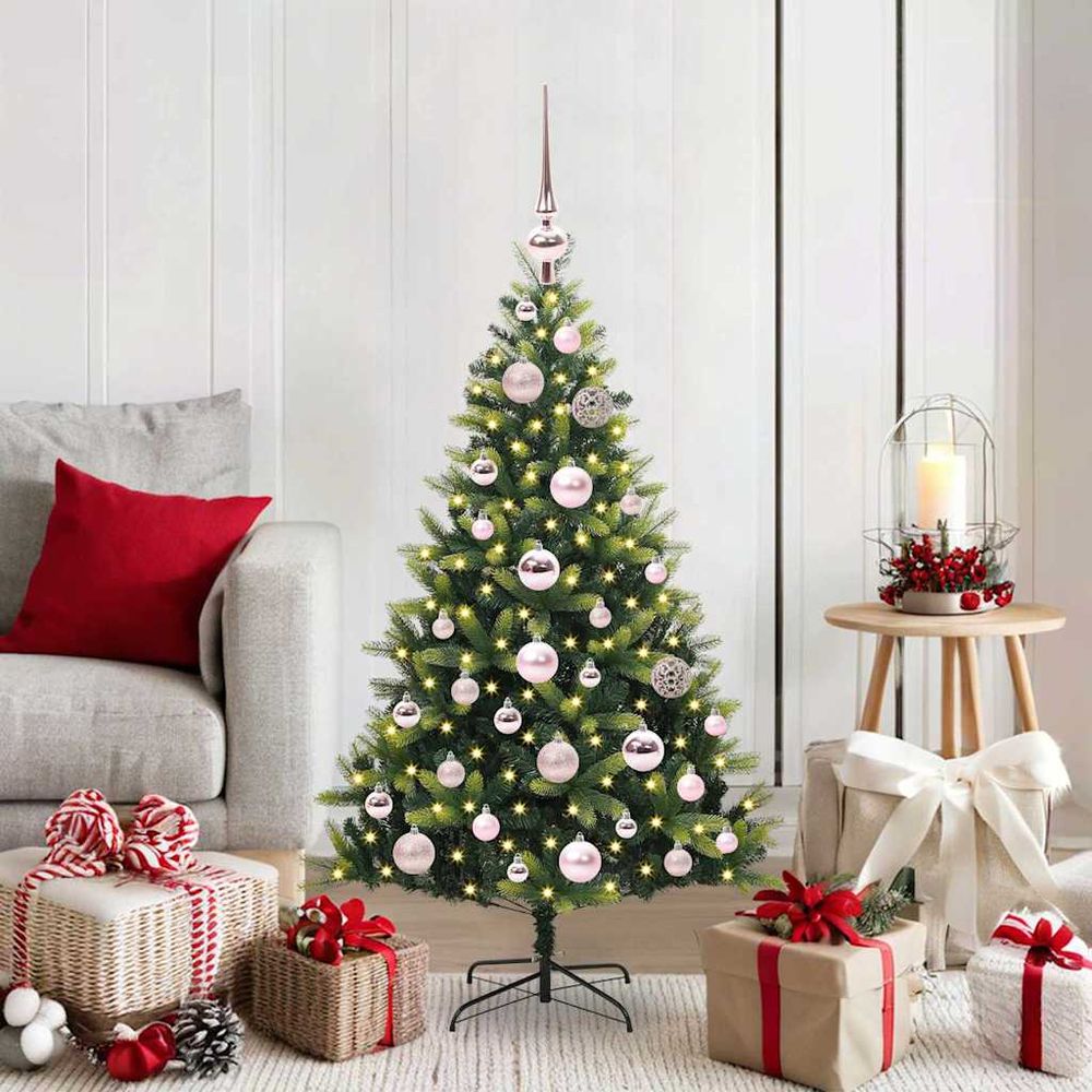 Sapin de noël artificiel 120cm idéal petit espace, complet avec 150 led et boules