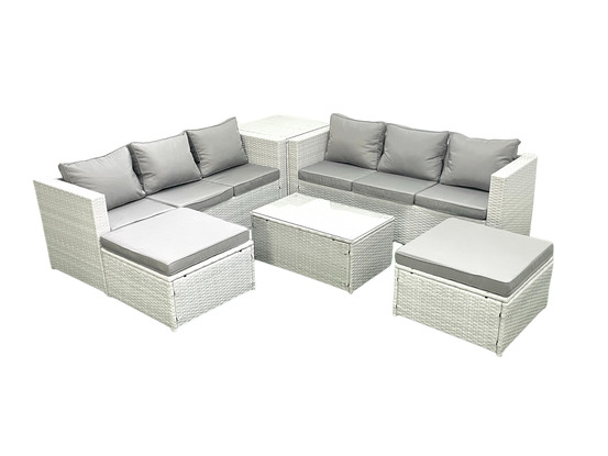 Ensemble de meubles d'extérieur en rotin 8 places avec 2 grand tabourets table d'appoint gris clair mixte