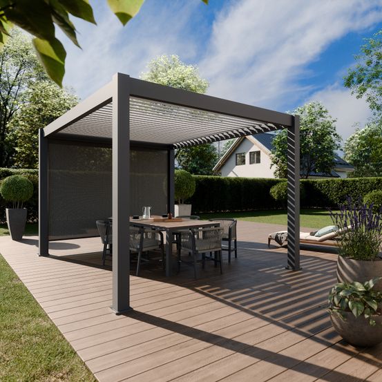 Pergola bioclimatique aluminum autoportée 12m² - 3x4m store lateral inclus - 25 lames en aluminium inclinables 90 degrés - eclipse