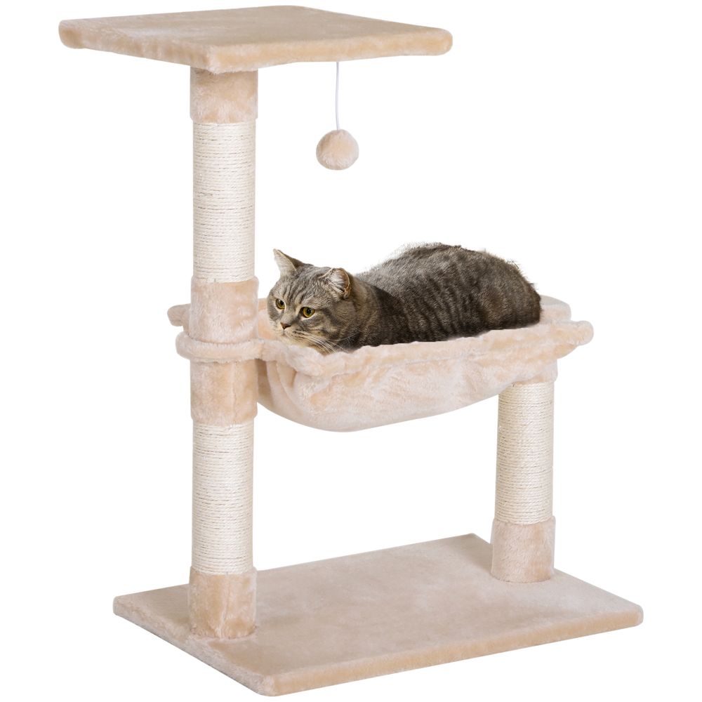 Petit arbre à chat peluche pour détente 2 niveaux hamac et griffoir 50x36x70cm beige
