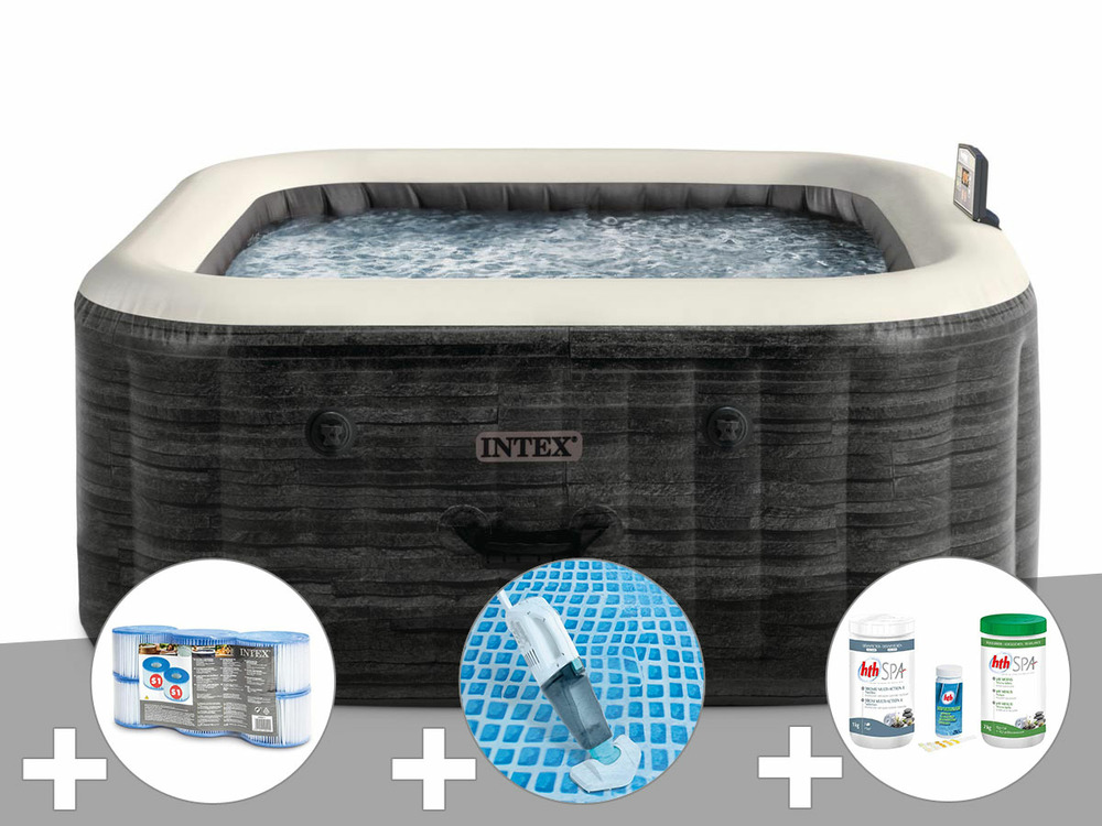Kit spa gonflable purespa ardoise carré bulles 6 places + 6 filtres + aspirateu