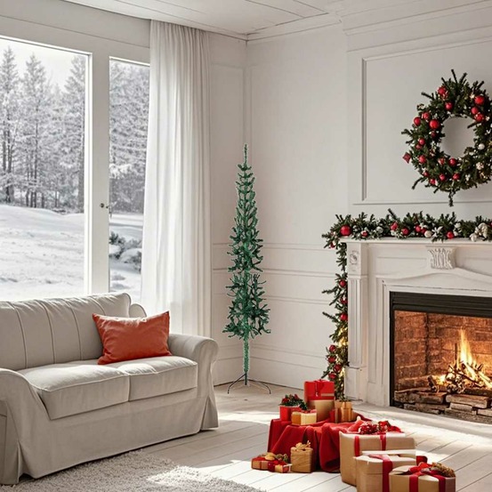 Demi sapin de noël artificiel mince avec support vert 150 cm