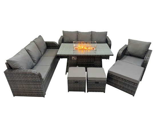 10 places salon de jardin table de foyer à gaz chaise inclinable canapé 3 places intérieur extérieur avec 3 tabourets