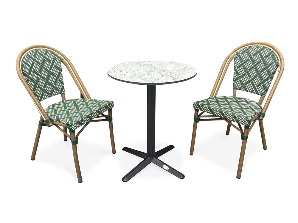Ensemble bistro plateau effet marbre et assise textilène vert et blanc