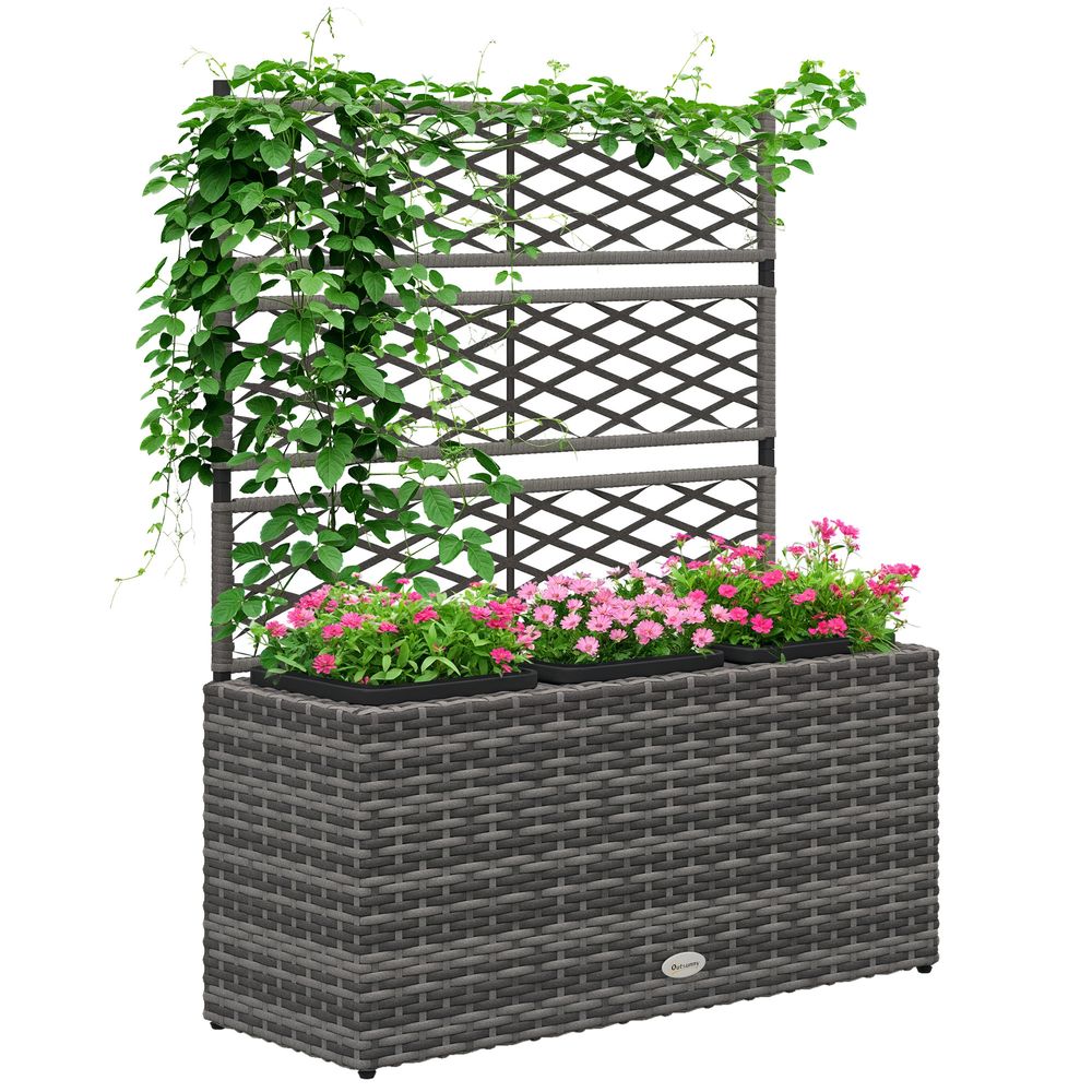 Jardinière treillis résine tressée acier 3 bacs plantes grimpantes 84x30x107cm