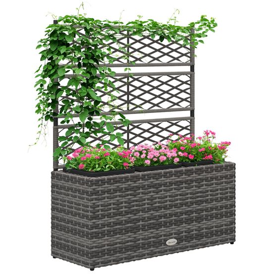 Jardinière treillis résine tressée acier 3 bacs plantes grimpantes 84x30x107cm