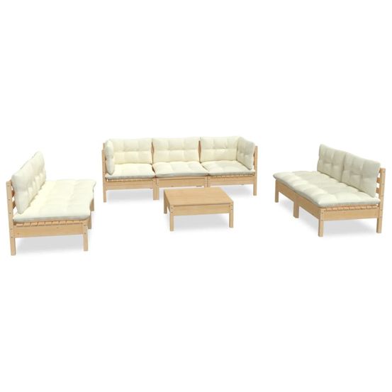 Salon de jardin 8 pcs avec coussins crème bois de pin massif