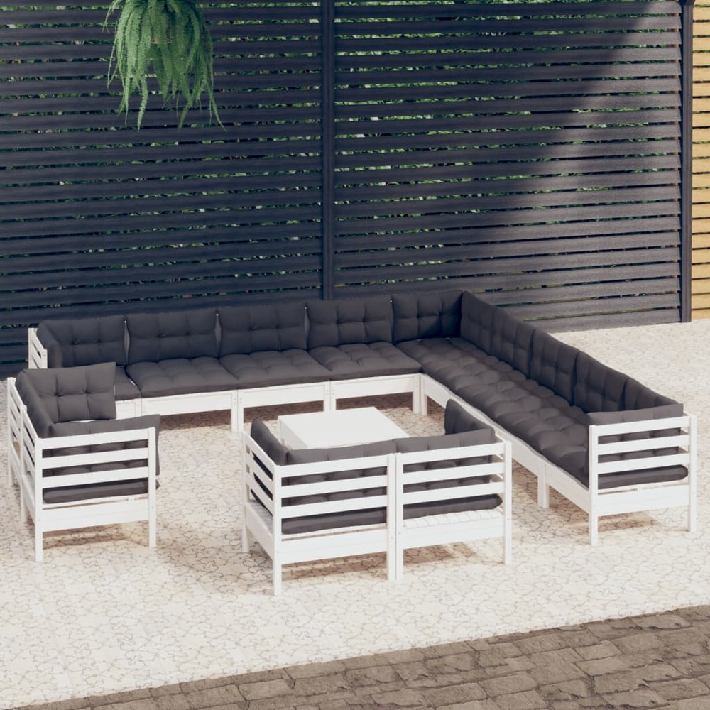 Salon de jardin 14 pcs avec coussins blanc bois de pin solide