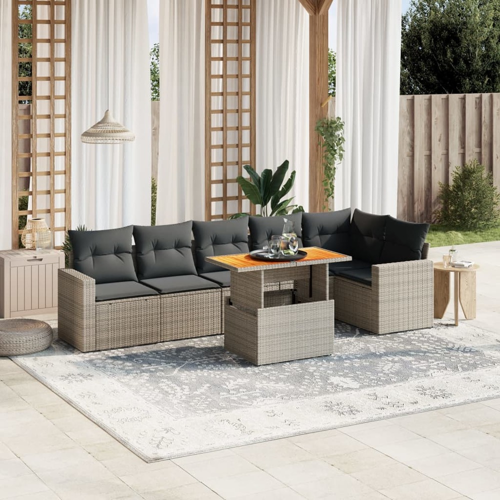 Salon de jardin avec coussins 7 pcs gris résine tressée