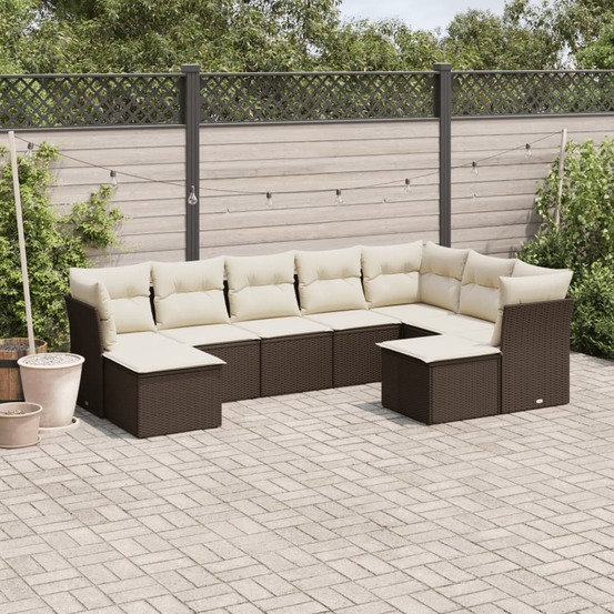 Salon de jardin avec coussins 9 pcs marron résine tressée