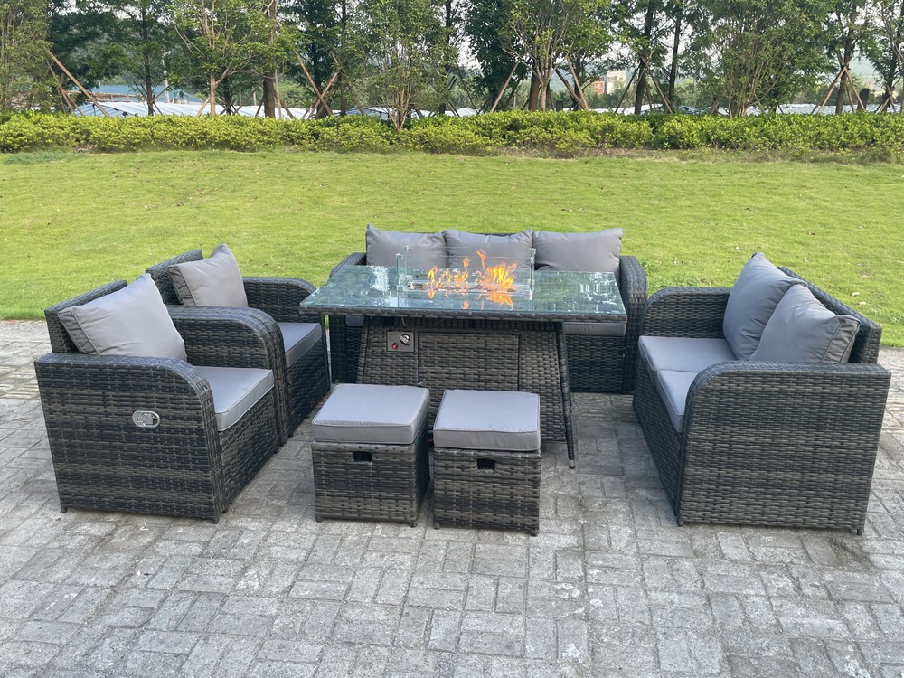Rotin outdoor garden furniture gas firepit table set chauffage à gaz salon amour canapé chaise