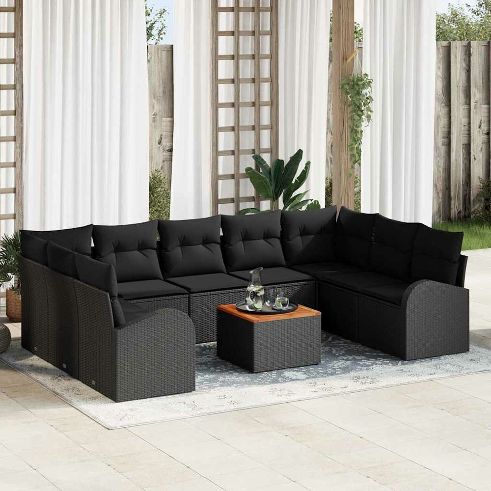 Ensemble de canapé de jardin avec coussin 10 pcs noir polyrotin