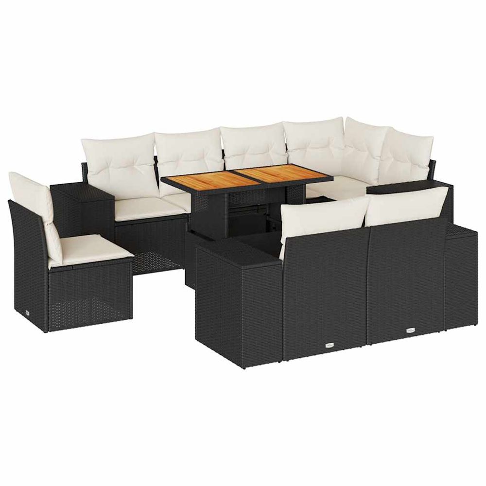 Salon de jardin 9 pcs avec coussins noir résine tressée