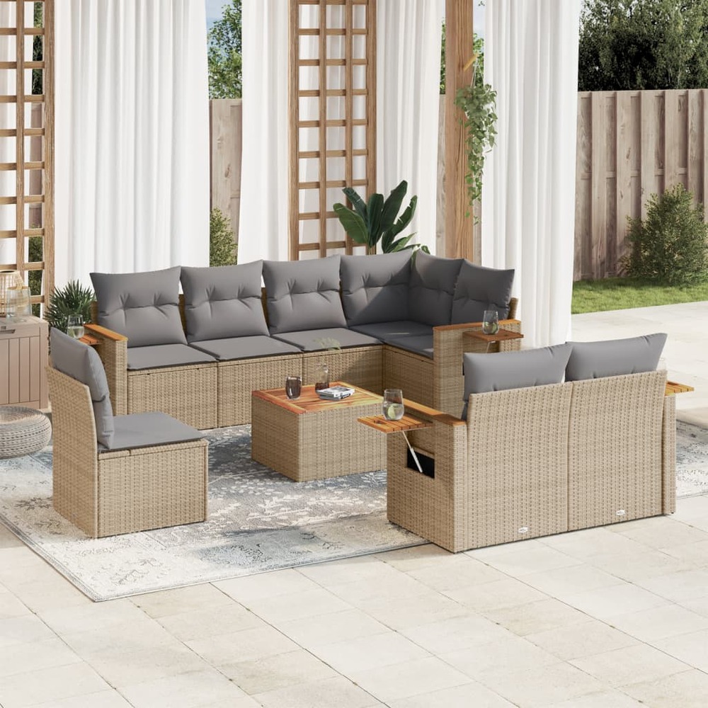 Salon de jardin avec coussins 9 pcs beige résine tressée