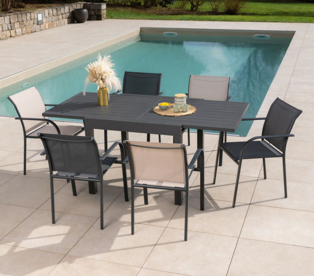 Ensemble table et chaises de jardin - 6 places - gris anthracite et lin - honfleur beziers