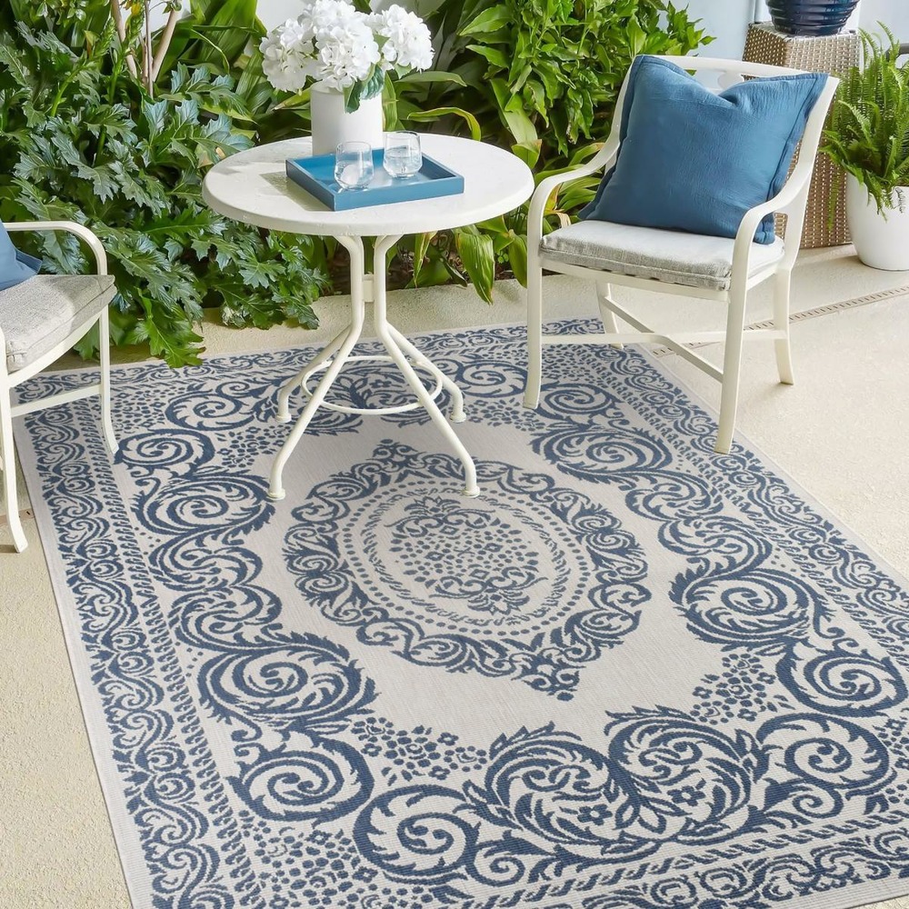 Tapis extérieur, kilim reversible 160x230 ar reversiblebleu et blanc