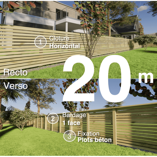 Kit clôture bois moderne 20m – h 0,9m – 45 x 45 mm autoclave – pose horizontal – simple face – à sceller