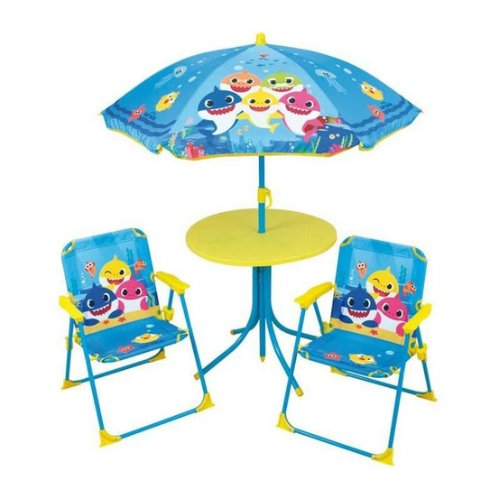 Fun house baby shark salon de jardin - 1 table h.46xø46 cm, 2 chaises h.53xl.38,5xp.37,5 cm et 1 parasol h.125 x ø100 cm