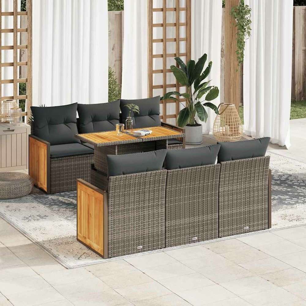 Salon de jardin avec coussins 7 pcs gris résine tressée acacia