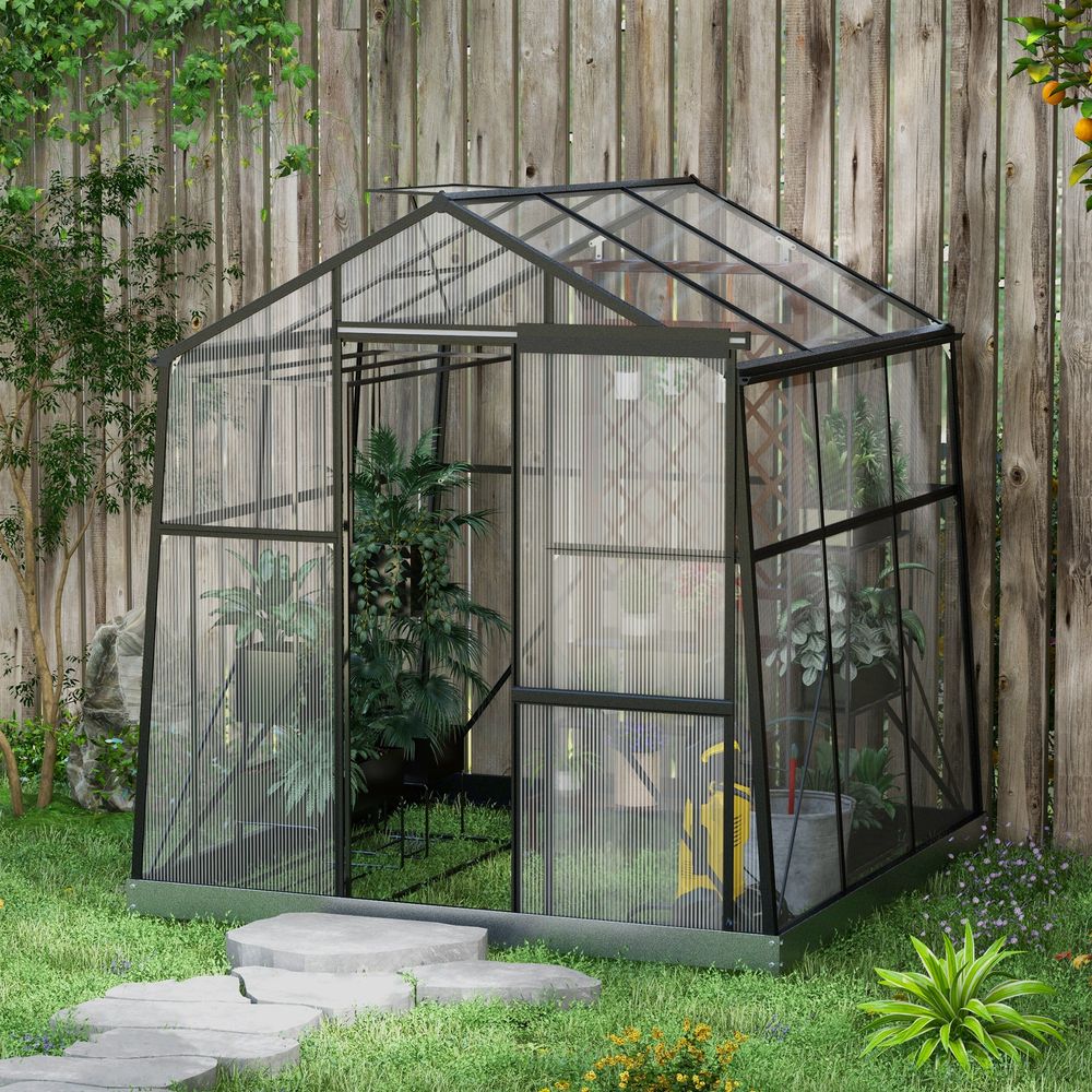 Serre de jardin polycarbonate aluminium 192 x 192 x 204 cm noire pour plantes ventilée - comfortxl outdoor living