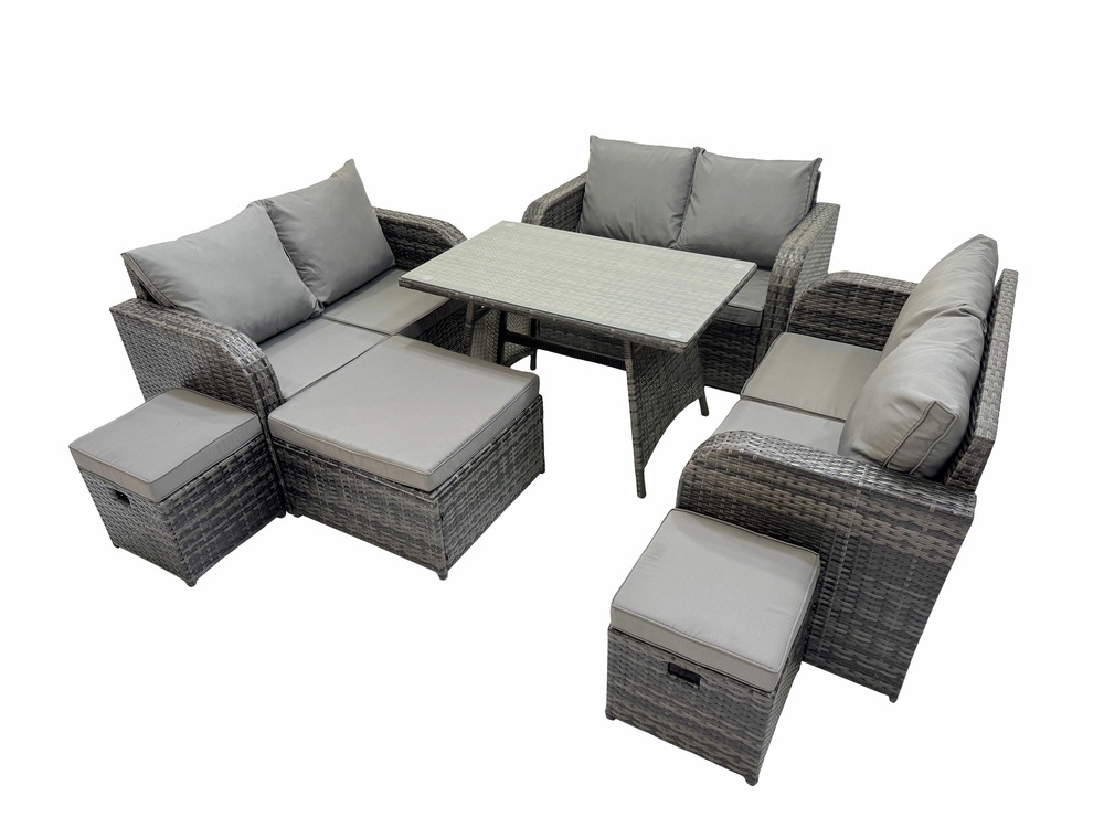 Salon de jardin exterieur 9 places avec canapé d'amour table à manger rectangulaire 3 tabourets gris foncé mixte