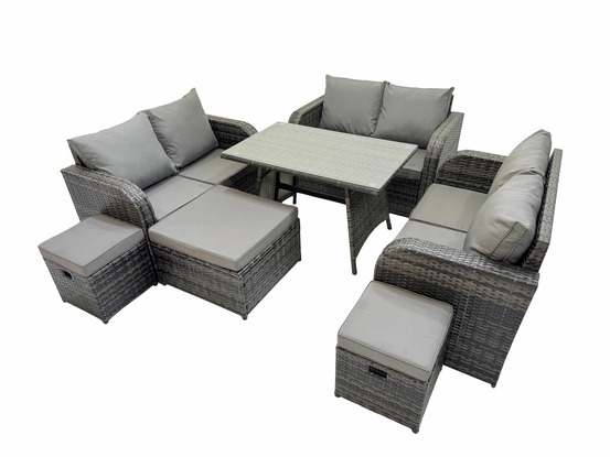 Salon de jardin exterieur 9 places avec canapé d'amour table à manger rectangulaire 3 tabourets gris foncé mixte