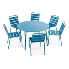 Ensemble table de jardin ronde et 6 chaises en métal bleu pacific