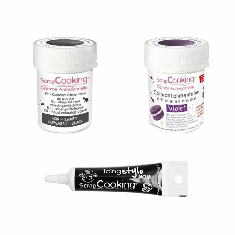 2 colorants alimentaires noir-violet + stylo glaçage noir