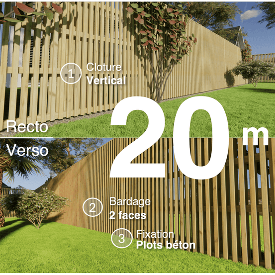 Kit clôture bois moderne 20m – h 2,3m – 45 x 45 mm autoclave – pose vertical – double face – à sceller