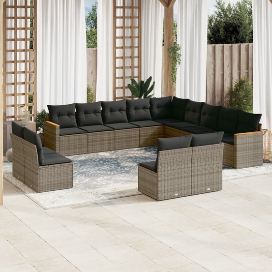 Salon de jardin avec coussins 13 pcs gris résine tressée