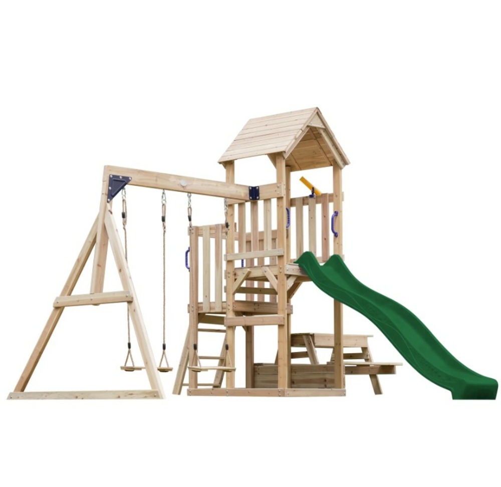 Portique mette 2 balançoires + table toboggan vert