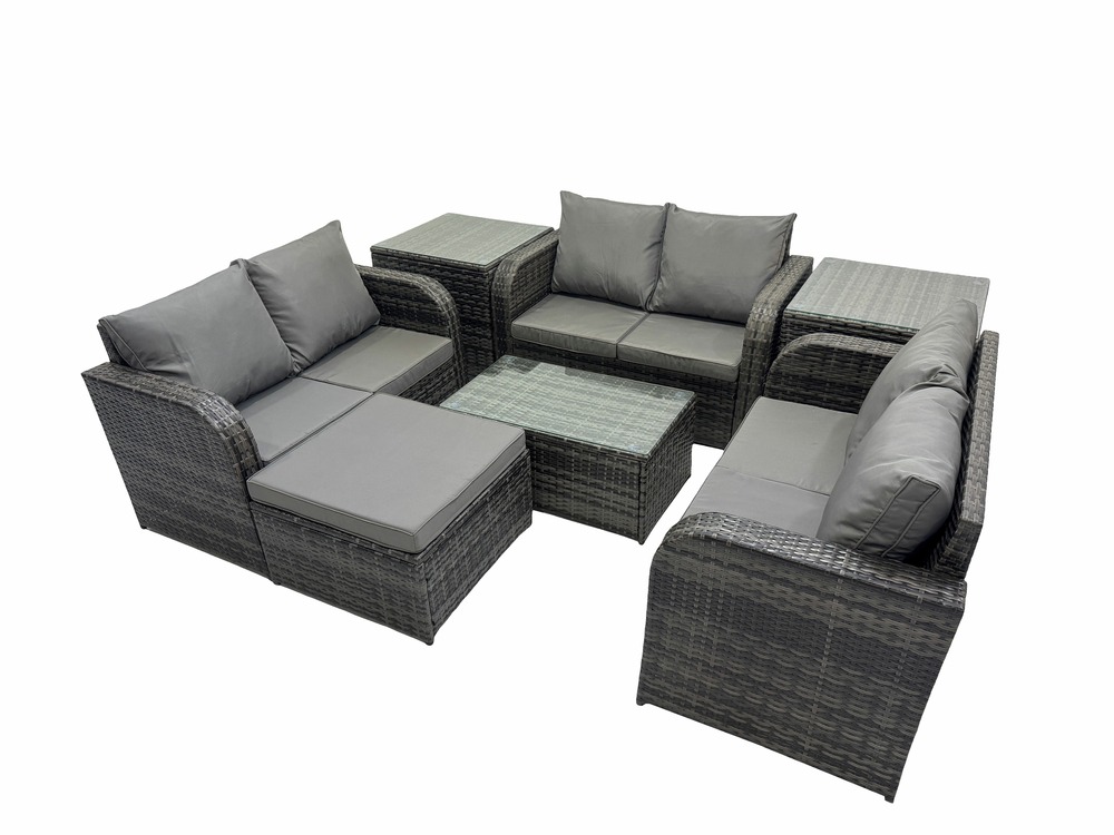 Ensemble de meubles de jardin en polyrotin 7 places avec table basse rectangulaire canapé d'amour 2 tables d'appoint grand tabouret