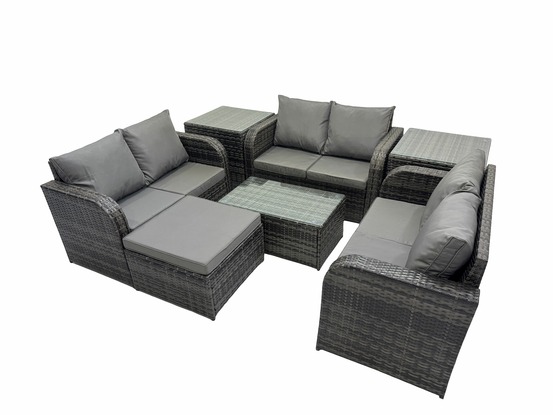 Ensemble de meubles de jardin en polyrotin 7 places avec table basse rectangulaire canapé d'amour 2 tables d'appoint grand tabouret