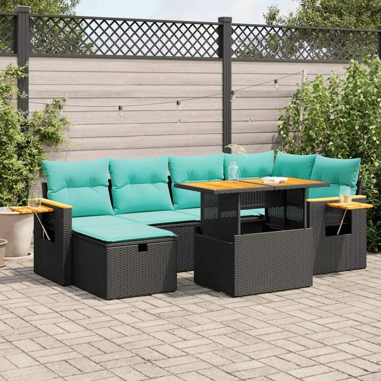 Salon de jardin avec coussins 7pcs marron résine tressée acacia