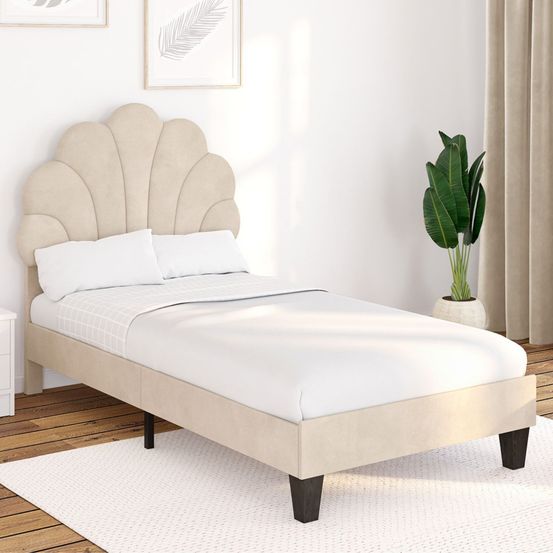 Lit simple coquillage 90 x 190 cm amanda avec sommier velours beige