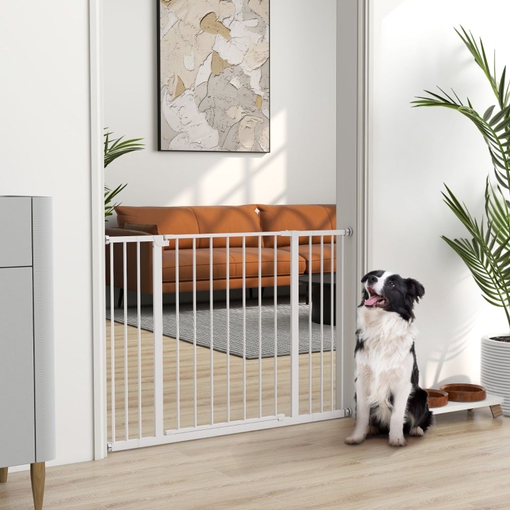 Barrière de sécurité métal pour chien fixation sans perçage blanc 76-107x76cm