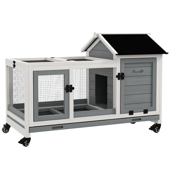 Clapier lapin rongeur bois massif intérieur extérieur sur roulettes 108x58x73cm gris