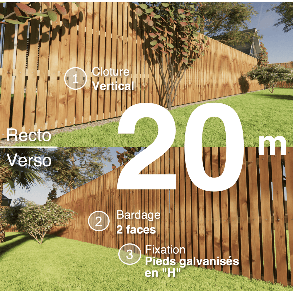 Kit clôture bois moderne 20m – h 1,9m – 20 x 70 mm autoclave marron – pose vertical – double face – support galva