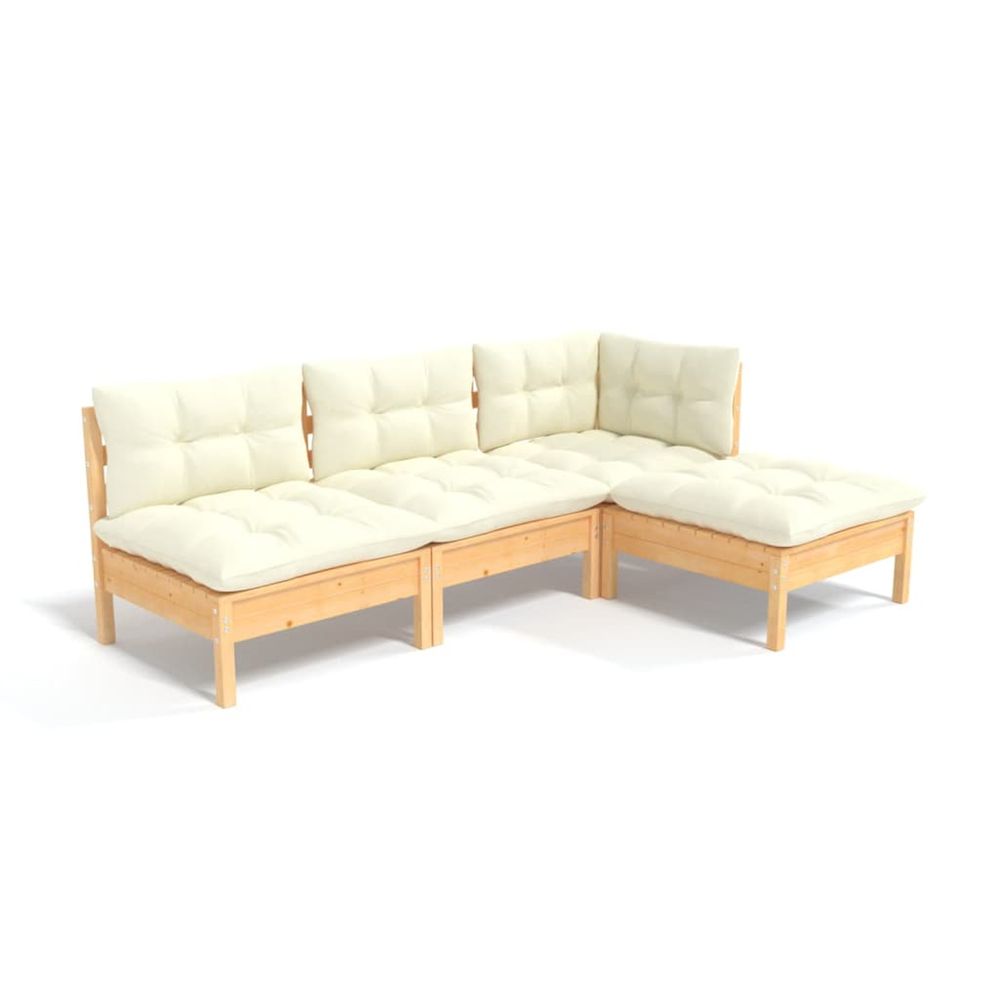 Salon de jardin 4 pcs avec coussins crème bois de pin