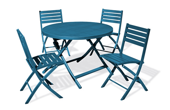 Ensemble repas marius 110 cm 4 places en aluminium bleu canard